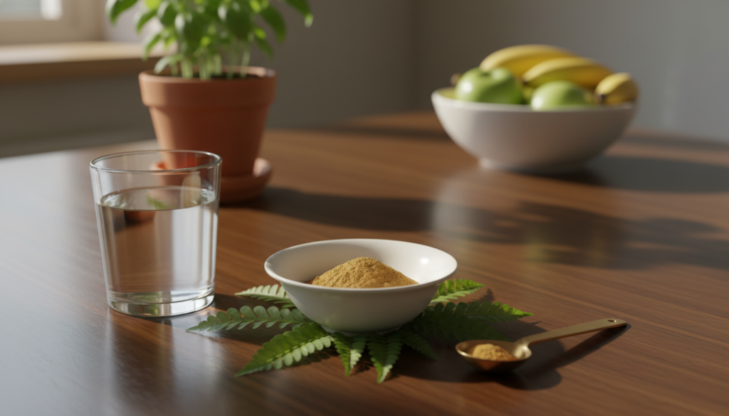 A beautifully arranged daily dose of Tongkat Ali supplements on a sleek wooden kitchen table. In the foreground, a small, elegant ceramic bowl holds finely powdered Tongkat Ali, surrounded by fresh green leaves. A glass of water and a measuring spoon sit nearby, indicating preparation for consumption. In the middle ground, a warm morning light filters through a window, casting gentle shadows that enhance the natural hues of the scene. The backdrop features subtle kitchen elements, like a herb pot and a fruit bowl, creating a light and inviting atmosphere. The overall mood is calm and focused, promoting a sense of health and wellness. The camera angle is slightly overhead, capturing the arrangement clearly.