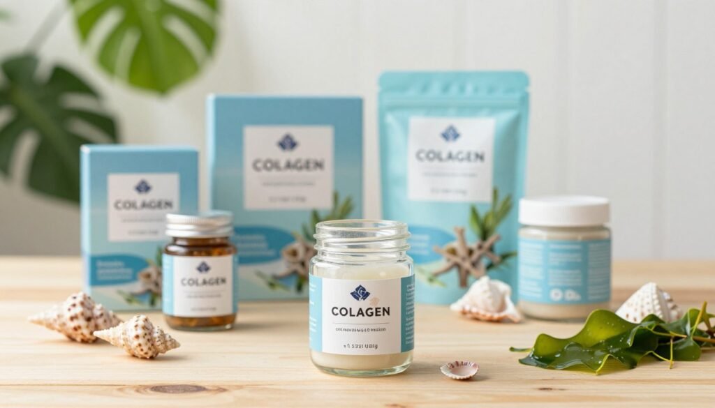 A beautifully curated flat lay of marine collagen products, prominently featuring elegant glass jars with labels showcasing natural ingredients. In the foreground, a wooden table is adorned with seashells and a few sprigs of seaweed to emphasize a marine theme. The middle layer includes well-designed packaging, hinting at authenticity and quality, while also displaying a natural color palette of blues and greens. In the background, soft natural light filters through, creating a bright and airy atmosphere that highlights the freshness of the products. The scene is styled to evoke a sense of wellness and health, with a focus on the purity and benefits of marine collagen for healthy skin. No people are present, allowing the products to take center stage.