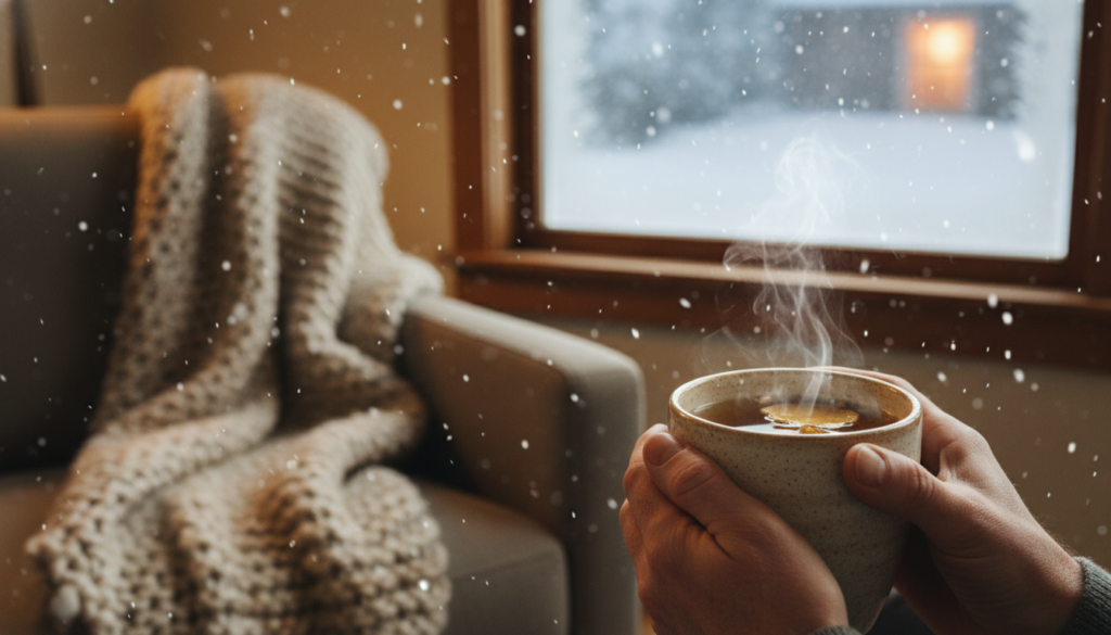 A close-up image capturing the essence of joint pain during cold weather. In the foreground, feature a pair of hands holding a warm cup of herbal tea, with visible signs of discomfort and slightly swollen knuckles. In the middle ground, depict a cozy, winter-themed room with frost-covered windows and a soft knitted blanket draped over a chair. The background should showcase a snowy landscape outside, with falling snowflakes illuminated by a soft, diffused light coming from a nearby lamp. The atmosphere should convey a sense of warmth and comfort despite the cold, emphasizing the contrast between the chilly exterior and the cozy interior. The palette should be warm with soft browns and creams, creating a soothing mood.