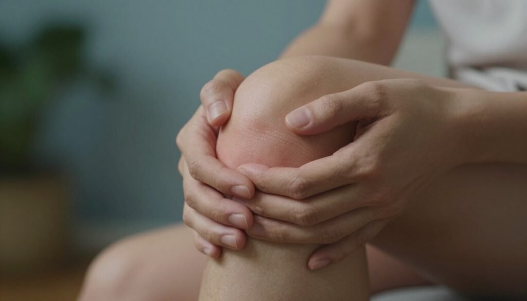 A close-up image depicting the phenomenon of joint pain, focusing on a human hand gently gripping a knee, showcasing detailed textures of the skin and signs of discomfort such as a slight grimace. The background should be softly blurred, featuring calming blue and green tones to evoke a sense of serenity. Use natural, warm lighting to highlight the contours of the hand and knee, emphasizing the areas where pain is commonly felt. The atmosphere should be reflective and subdued, inviting viewers to contemplate the complexities of joint inflammation. The composition should be framed at a slight angle for depth, capturing both the emotional and physical aspects of joint pain without any distractions or text overlays.
