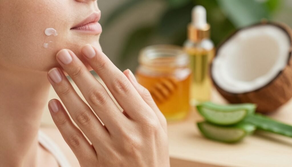 A close-up of a woman's hand gently touching her cheek, showcasing dry skin with fine lines and a rough texture in a warm, natural light setting. In the foreground, the hand is prominently displayed, with well-groomed nails and a subtle hint of a light moisturizer being applied. The middle ground features soft-focus natural ingredients like honey, aloe vera, and coconut oil arranged artfully, symbolizing natural skin care. The background is softly blurred with hints of lush greenery, creating a serene and calming atmosphere. The overall mood conveys a sense of warmth and care, emphasizing the importance of choosing the right natural ingredients for skin improvement. Aim for a soft depth of field, capturing the intimate details of skin texture with an inviting and soothing color palette.