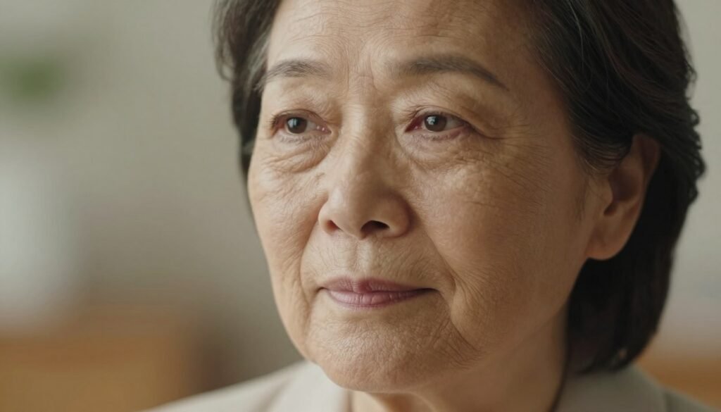 A close-up portrait of a mature woman with visible facial wrinkles, capturing the detail and texture of her skin. Her expression is calm and thoughtful, reflecting wisdom and experience. The foreground focuses on her face, highlighting areas of wrinkles around her eyes, forehead, and mouth, showcasing the common areas where wrinkles appear. The background is softly blurred with warm, natural lighting to create an inviting and serene atmosphere. The scene is shot with a shallow depth of field to draw attention to the facial features while maintaining a soft and gentle ambiance. The woman is dressed in professional attire, conveying confidence and poise.