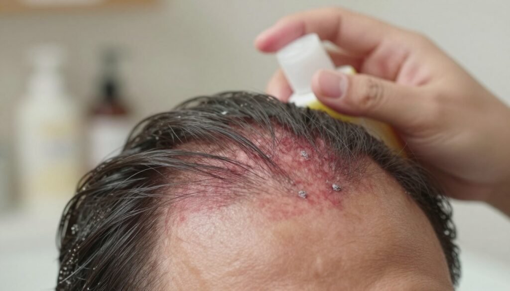 A close-up view of a human scalp affected by psoriasis, showcasing distinct red patches and silvery scales amidst healthy skin. The focus is on the texture and details of the condition in the foreground, highlighting the contrast with untouched hair. In the middle ground, some gentle hands are seen holding a mild shampoo bottle, indicating an aspect of care. The background is softly blurred, featuring a calming bathroom setting with warm, natural lighting, imparting a soothing atmosphere. The lens is slightly tilted to add depth, creating a sense of intimacy with the subject. Overall, the mood is gentle and compassionate, emphasizing care and understanding for those dealing with scalp psoriasis.