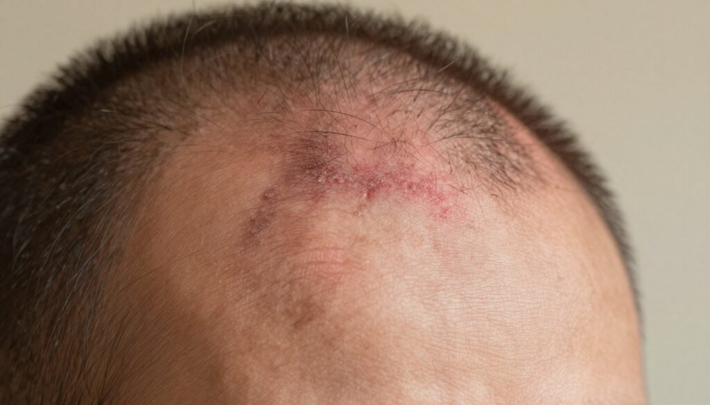 A close-up view of a human scalp affected by psoriasis, showcasing red and inflamed patches with silvery scales. The foreground features detailed skin textures, emphasizing the contrast between healthy and affected areas. In the middle ground, delicate hair strands gently frame the scalp, adding softness to the composition. The background is blurred to keep the focus on the scalp, with warm and natural lighting illuminating the textures, creating a sense of empathy and awareness. The lens is positioned at a slight angle, providing an intimate perspective. The mood is serious yet educational, aiming to foster understanding of scalp psoriasis without any extreme imagery. The overall composition is clean and unobtrusive, making it suitable for an informative article.