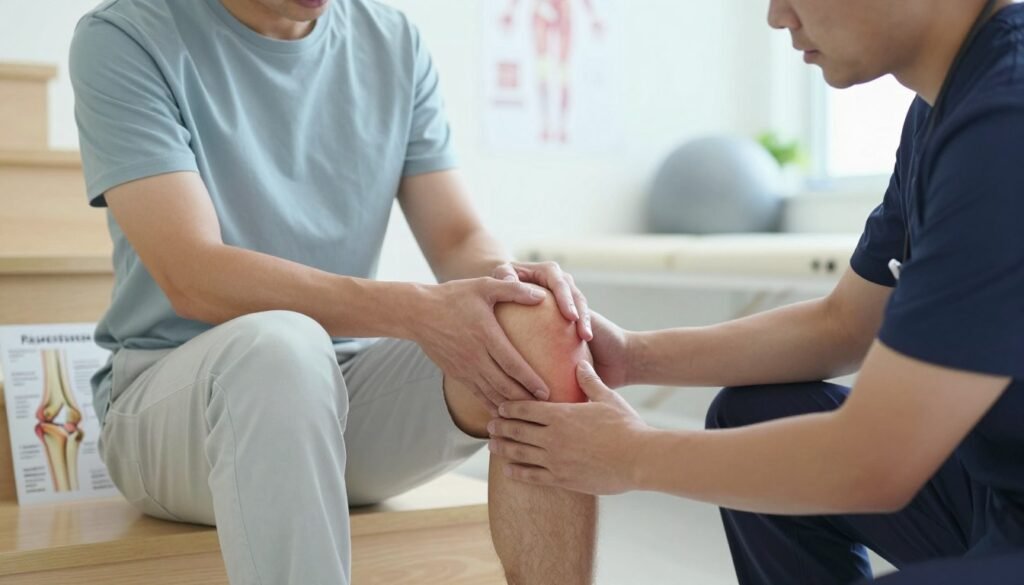A close-up view of a professional-looking physiotherapist explaining knee pain to a patient on a staircase. The foreground shows the physiotherapist, dressed in a smart business outfit, demonstrating proper leg positioning and gentle stretching exercises. The patient, wearing modest casual clothing, looks attentive and engaged. In the middle, a few anatomical charts or diagrams regarding knee anatomy and common injuries are clearly visible. The background features a softly lit, modern physical therapy clinic with calming colors, creating a supportive and informative atmosphere. Use bright but natural lighting to evoke a sense of hope and recovery, with a focus on compassion and professionalism in the interaction.