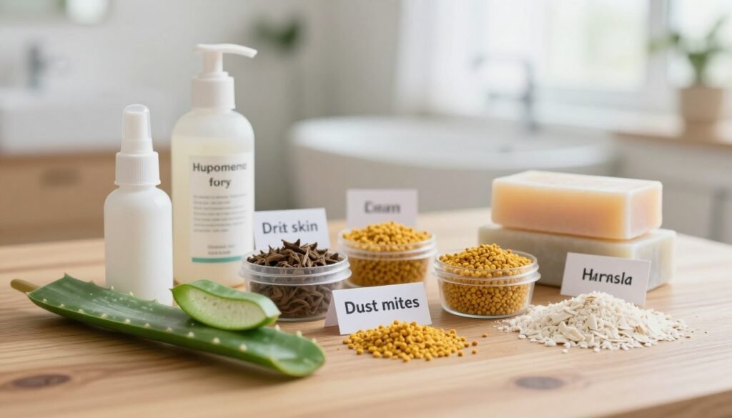 A close-up view of a variety of common triggers for skin irritation, including dry skin, dust mites, pollen, and harsh soaps, arranged artistically on a wooden table. In the foreground, focus on a small bottle of hypoallergenic lotion and a few natural ingredients like aloe vera and oatmeal, symbolizing soothing treatments. In the middle, include small containers with labeled irritants such as detergent and pollen, subtly blending into the scene. The background should feature a softly blurred image of a serene, well-lit bathroom with soft natural light coming through a window, creating a calm and soothing atmosphere. The overall mood is one of awareness and education, highlighting the importance of identifying triggers for effective eczema management.