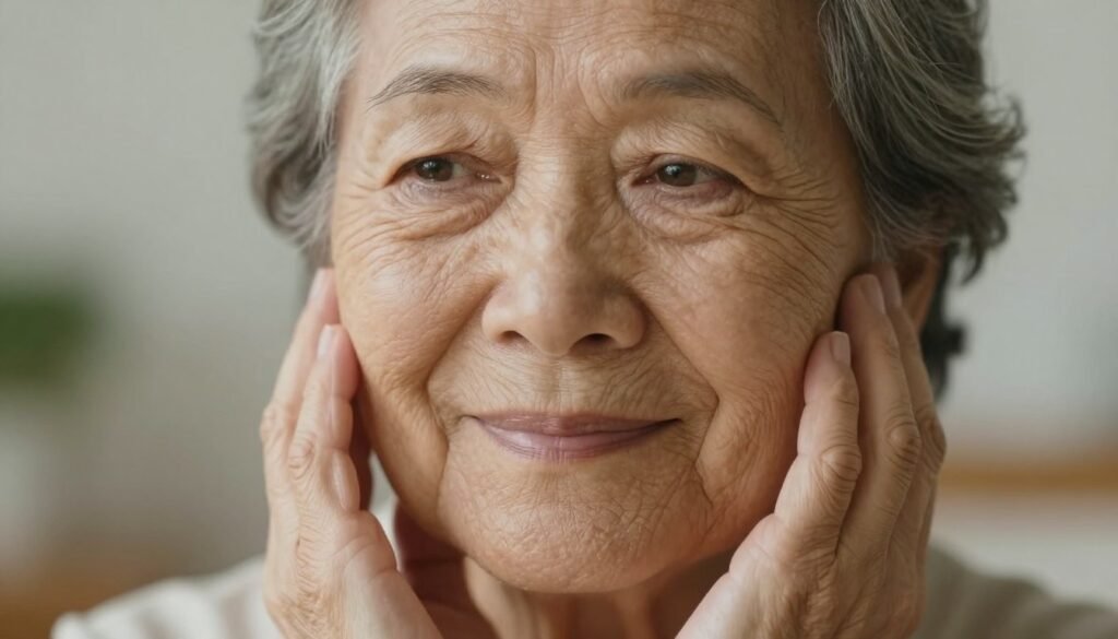 A close-up view of an aging woman’s face, showcasing fine lines and wrinkles symbolizing the emergence of aging signs. The foreground features her gently smiling expression, with soft natural lighting accentuating the details of her skin texture. In the middle ground, her hands can be seen delicately touching her cheek, reflecting tenderness and care. The background is softly blurred, suggesting a serene environment that evokes a sense of calm and introspection. The overall mood is reflective and respectful, highlighting the beauty of aging with dignity. Use a shallow depth of field to focus solely on her face, and ensure the composition conveys warmth and understanding.