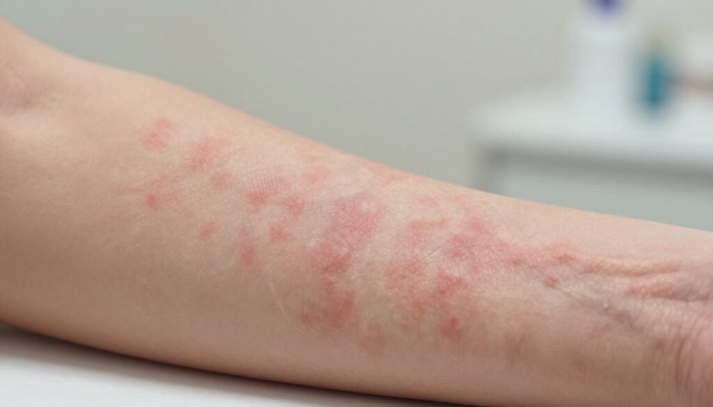 A close-up view of dry, flaky skin affected by eczema on a human forearm, showcasing patches of red and inflamed areas contrasted with healthy skin. The foreground features intricate details of the skin texture, emphasizing the roughness and irritation caused by this condition. In the middle ground, a soft, blurred background of a clean, neutral-colored medical environment creates a calm atmosphere. Natural lighting shines gently from the side, accentuating the skin's features without harsh shadows. The overall mood is informative and clinical, aiming to educate viewers about eczema while maintaining a professional appearance. No people or text are included, focusing solely on the skin condition.