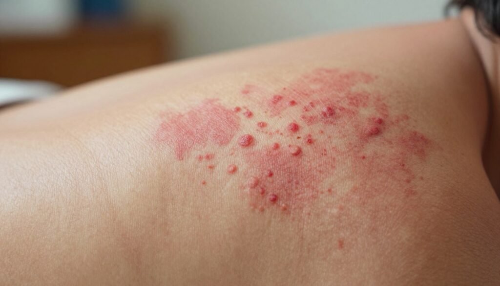 A close-up view of human skin showcasing the effects of psoriasis, with vivid patches of red, inflamed skin contrasting against healthy areas. The foreground emphasizes the texture of the skin, highlighting scales and dryness, illuminated by soft, natural lighting to create a realistic and educational effect. The middle of the image features a subtle gradient transitioning to clearer skin, symbolizing the duality of healthy and affected skin. In the background, a blurred setting evokes a clinical atmosphere, with warm tones to enhance the mood of awareness and understanding. Capture this scene from a slightly elevated angle to ensure detailed visibility of the skin textures, promoting an informative and empathetic ambiance. A close-up view of human skin showcasing the effects of psoriasis, with vivid patches of red, inflamed skin contrasting against healthy areas. The foreground emphasizes the texture of the skin, highlighting scales and dryness, illuminated by soft, natural lighting to create a realistic and educational effect. The middle of the image features a subtle gradient transitioning to clearer skin, symbolizing the duality of healthy and affected skin. In the background, a blurred setting evokes a clinical atmosphere, with warm tones to enhance the mood of awareness and understanding. Capture this scene from a slightly elevated angle to ensure detailed visibility of the skin textures, promoting an informative and empathetic ambiance.
