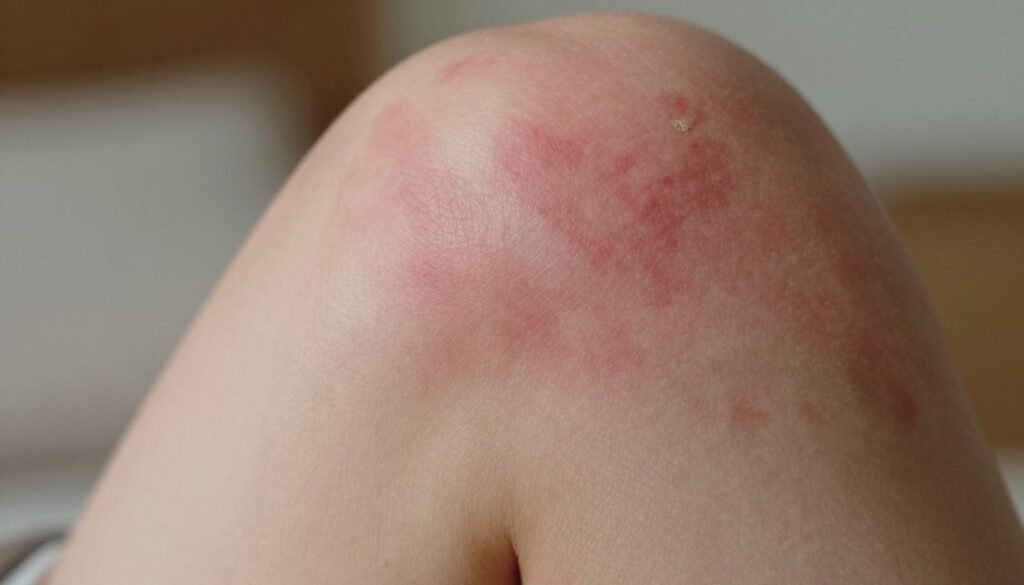A close-up view of irritated skin illustrating eczema symptoms, with inflamed red patches and dry flaky areas on a human arm. The focus is on the texture of the skin, showcasing how the inflammation affects the epidermis. Soft, diffused natural light highlights the contrast between healthy and affected skin. The background is a blurred texture of home settings, suggesting a comforting environment. The angle is slightly tilted down to emphasize the skin, creating an intimate and informative mood. No human figures are present, allowing the viewer to focus solely on the skin condition. The overall atmosphere is serious yet educational, aimed at raising awareness about eczema.