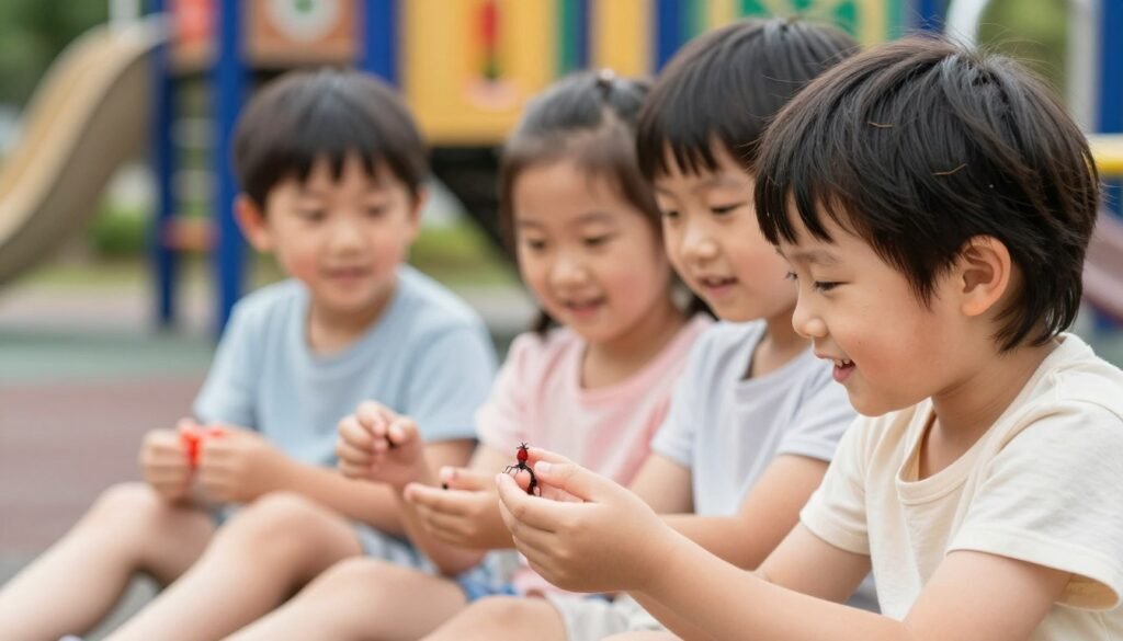 A close-up view of young children sitting together on a playground, appearing casual and friendly in their attire, as they interact and share toys. Focus on their hair, showing small, non-detailed figures of lice, subtly illustrating the concept of lice transmission among kids. The foreground features playful expressions on their faces, with a blur of colorful climbing equipment in the background. Soft, natural lighting enhances the scene, suggesting a sunny day atmosphere, while a shallow depth of field emphasizes the children's interactions. The overall mood is light and educational, subtly conveying the theme of lice spread without being distressing.