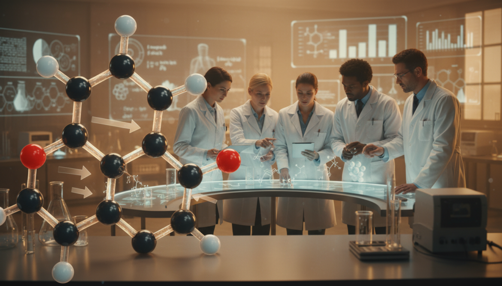 A detailed anatomical illustration of testosterone hormone, showcasing its role in the human body. In the foreground, depict a large, stylized testosterone molecule with a dynamic representation of its atomic structure. In the middle ground, illustrate a diverse group of professionals in lab coats discussing hormone functions, showing engagement and curiosity. In the background, create a soft-focus lab environment with scientific equipment and charts related to hormone levels. Use warm and inviting lighting to evoke a sense of scientific exploration. The composition should be well-balanced, with a focus on both the molecular aspect of testosterone and its biological significance, conveying a mood of professionalism and intrigue. The angle should be slightly elevated, offering a comprehensive view that draws the viewer's attention to key details.