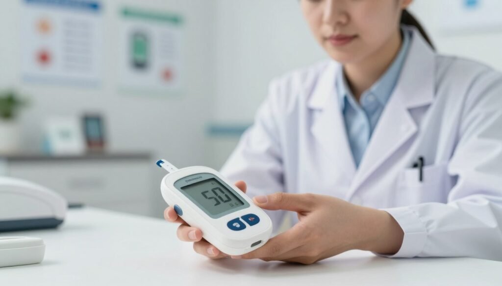 A detailed and informative scene depicting a healthcare professional monitoring blood sugar levels using a modern glucometer. In the foreground, a close-up of the glucometer displaying digital readings, with a clean, white lab table. The middle ground features a healthcare professional, dressed in professional business attire, focusing intently on the device, symbolizing precision and care. The background is softly blurred, showcasing a well-organized medical clinic environment with charts and diabetic care materials on the walls. Soft, ambient lighting creates a calm and encouraging atmosphere, emphasizing the importance of monitoring health for diabetic patients. The angle is slightly above eye level, capturing both the device and the professional’s focused expression. A detailed and informative scene depicting a healthcare professional monitoring blood sugar levels using a modern glucometer. In the foreground, a close-up of the glucometer displaying digital readings, with a clean, white lab table. The middle ground features a healthcare professional, dressed in professional business attire, focusing intently on the device, symbolizing precision and care. The background is softly blurred, showcasing a well-organized medical clinic environment with charts and diabetic care materials on the walls. Soft, ambient lighting creates a calm and encouraging atmosphere, emphasizing the importance of monitoring health for diabetic patients. The angle is slightly above eye level, capturing both the device and the professional’s focused expression.