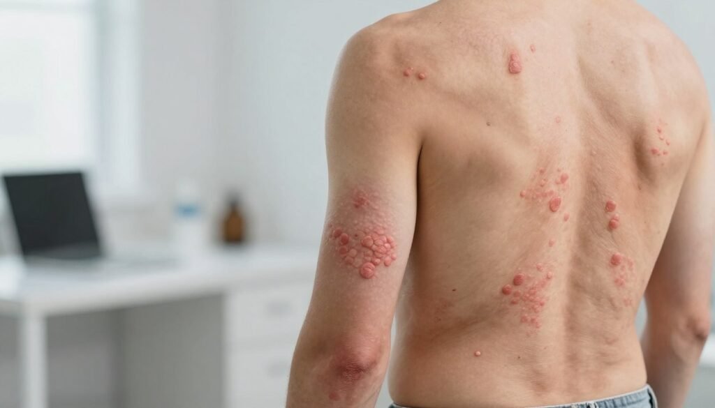A detailed illustration of psoriasis symptoms on the human body, showcasing well-defined, red, scaly patches typical of psoriasis on the skin. The foreground features a close-up of a model in modest casual clothing, with patches on their forearms and lower back. In the middle ground, there’s a soft-focus view of the model’s skin texture, highlighting the healthy areas in contrast to the affected regions. The background is subtly blurred, depicting a neutral-colored medical office with soft, natural lighting that enhances the skin tones, creating a calm and informative atmosphere. The overall mood is educational and compassionate, aimed at raising awareness and understanding of the condition. A detailed illustration of psoriasis symptoms on the human body, showcasing well-defined, red, scaly patches typical of psoriasis on the skin. The foreground features a close-up of a model in modest casual clothing, with patches on their forearms and lower back. In the middle ground, there’s a soft-focus view of the model’s skin texture, highlighting the healthy areas in contrast to the affected regions. The background is subtly blurred, depicting a neutral-colored medical office with soft, natural lighting that enhances the skin tones, creating a calm and informative atmosphere. The overall mood is educational and compassionate, aimed at raising awareness and understanding of the condition.