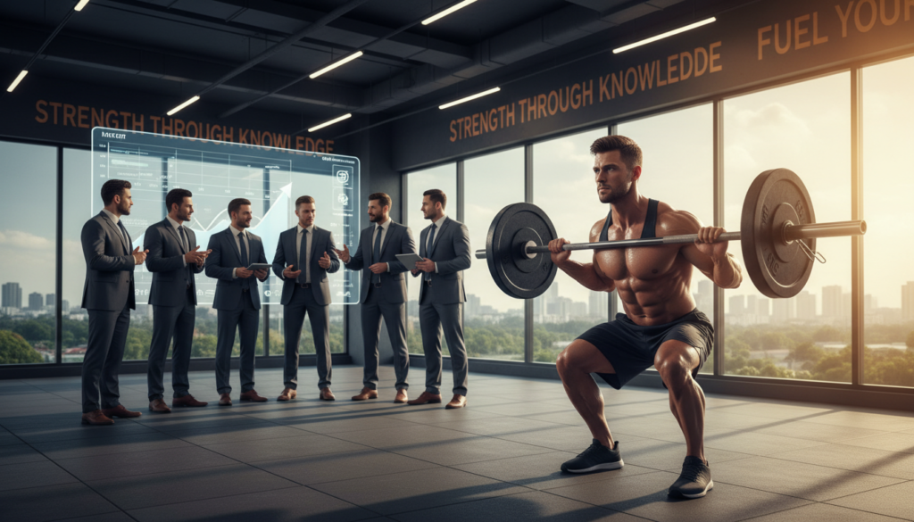 A dynamic concept image illustrating the effects of testosterone on health. In the foreground, a fit male figure is lifting weights, symbolizing physical strength and vitality. His expression reflects determination and focus. In the middle ground, a diverse group of men, dressed in professional business attire, are engaged in discussions about fitness and health, showcasing collaboration and knowledge sharing. The background features a bright, modern gym environment with motivational quotes on the walls, enhancing the atmosphere of empowerment. Soft, natural lighting streams in from large windows, creating an inviting ambiance. The overall mood is energetic and uplifting, emphasizing the importance of testosterone for well-being and fitness. The image should be balanced, vibrant, and engaging, inviting viewers to consider the significance of male health.