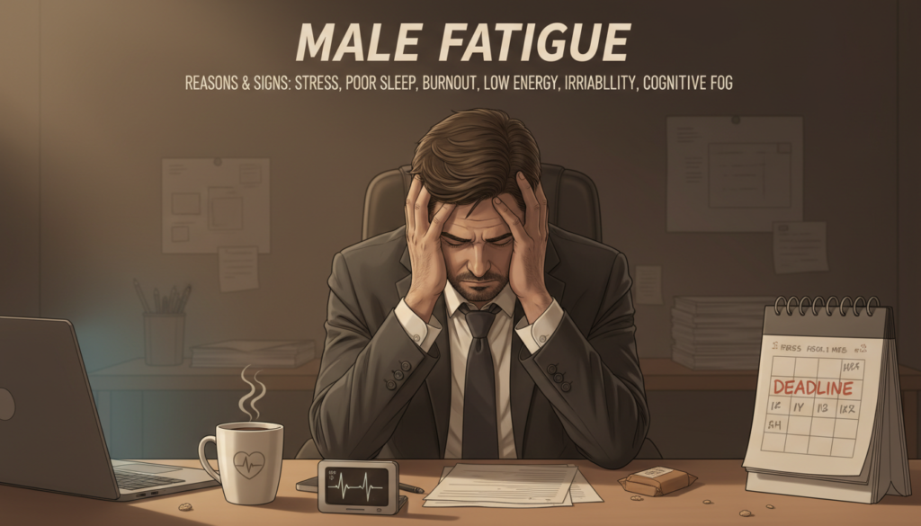 A health-focused illustration showcasing the reasons and signs of fatigue in men. In the foreground, depict a man in professional business attire, holding his forehead with a distressed expression, conveying exhaustion. In the middle ground, illustrate a few common signs of low energy such as a coffee cup, a heart rate monitor, and a calendar marked with busy days. The background should feature a minimalist office environment with dim lighting, hinting at long hours and stress. Use soft shadows to create a somber mood, emphasizing the emotional weight of fatigue. The perspective should be slightly angled downwards, drawing attention towards the subject. Aim for a realistic style with warm tones to evoke empathy. A health-focused illustration showcasing the reasons and signs of fatigue in men. In the foreground, depict a man in professional business attire, holding his forehead with a distressed expression, conveying exhaustion. In the middle ground, illustrate a few common signs of low energy such as a coffee cup, a heart rate monitor, and a calendar marked with busy days. The background should feature a minimalist office environment with dim lighting, hinting at long hours and stress. Use soft shadows to create a somber mood, emphasizing the emotional weight of fatigue. The perspective should be slightly angled downwards, drawing attention towards the subject. Aim for a realistic style with warm tones to evoke empathy.