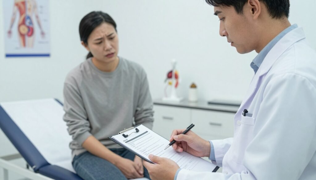A healthcare professional in a modern clinic setting, examining a patient who appears slightly anxious, seated on an examination table. The foreground features a close-up of the professional, wearing a crisp white lab coat and holding a clipboard, demonstrating empathy with a reassuring expression. In the middle ground, the patient, dressed in casual but modest clothing, looks concerned while softly interacting with a medical chart. The background includes medical diagrams and anatomical models related to hemorrhoids, symbolizing education and awareness. Soft, diffused lighting creates a calm atmosphere, enhancing the seriousness of the subject while maintaining professionalism. The angle of the shot is slightly above eye level, capturing both the professional and the patient in a thoughtful, informative moment, fostering a mood of understanding and care about the symptoms of hemorrhoids.