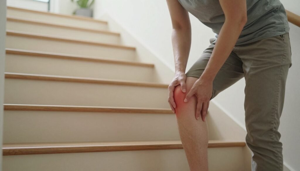 A knee pain illustration focused on an individual climbing a staircase. In the foreground, depict a middle-aged person in modest casual clothing, showing a pained expression while pausing on a step of the staircase, gently touching their knee. In the middle layer, the staircase should be well-lit with a smooth texture, showcasing varying heights of steps, emphasizing the challenge of climbing. In the background, a soft-focus interior setting, like a home or gym, with warm lighting enhancing the atmosphere of discomfort. The overall mood conveys a sense of struggle and empathy towards those experiencing knee pain while performing everyday tasks like climbing stairs.