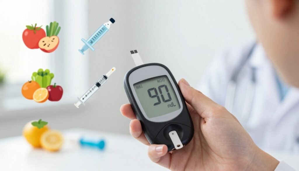 A medical-themed composition illustrating the concept of blood sugar levels, featuring a detailed infographic-style visual of a glucose meter showing varying blood sugar readings. In the foreground, place a hand holding the glucose meter, positioned to display a reading of 90 mg/dL in a clear, unambiguous manner. The middle ground includes icons of healthy food choices like fruits and vegetables alongside insulin syringes, emphasizing the importance of diet and medication in managing blood sugar levels. The background should be a softly blurred image of a clinical setting, creating a clean and professional atmosphere. Use soft, natural lighting to enhance clarity, with a focal length that captures the intricate details of the glucose meter. The overall mood should be informative and reassuring, promoting understanding and awareness of blood sugar regulation. A medical-themed composition illustrating the concept of blood sugar levels, featuring a detailed infographic-style visual of a glucose meter showing varying blood sugar readings. In the foreground, place a hand holding the glucose meter, positioned to display a reading of 90 mg/dL in a clear, unambiguous manner. The middle ground includes icons of healthy food choices like fruits and vegetables alongside insulin syringes, emphasizing the importance of diet and medication in managing blood sugar levels. The background should be a softly blurred image of a clinical setting, creating a clean and professional atmosphere. Use soft, natural lighting to enhance clarity, with a focal length that captures the intricate details of the glucose meter. The overall mood should be informative and reassuring, promoting understanding and awareness of blood sugar regulation.