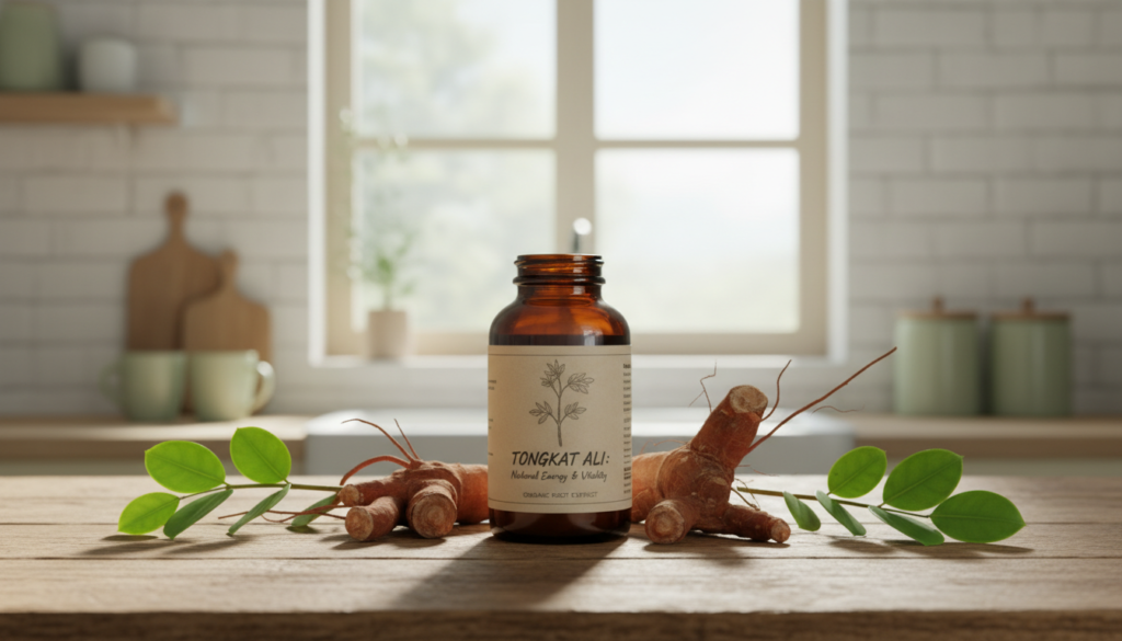 A natural supplement of tongkat ali displayed prominently in the foreground, with a well-designed, rustic wooden table as the base. The bottle is made of dark glass, labeled with elegant, minimalist designs highlighting its natural ingredients. Surrounding the bottle are fresh tongkat ali roots, twigs, and vibrant green leaves, symbolizing the organic essence of the product. In the middle ground, soft morning sunlight filters through a kitchen window, giving the scene a warm glow. In the background, a calm, blurred kitchen environment showcases soft colors and natural materials, creating a serene and inviting atmosphere. The composition is shot in a close-up angle, evoking a sense of freshness and health, inviting viewers to explore the benefits of tongkat ali.
