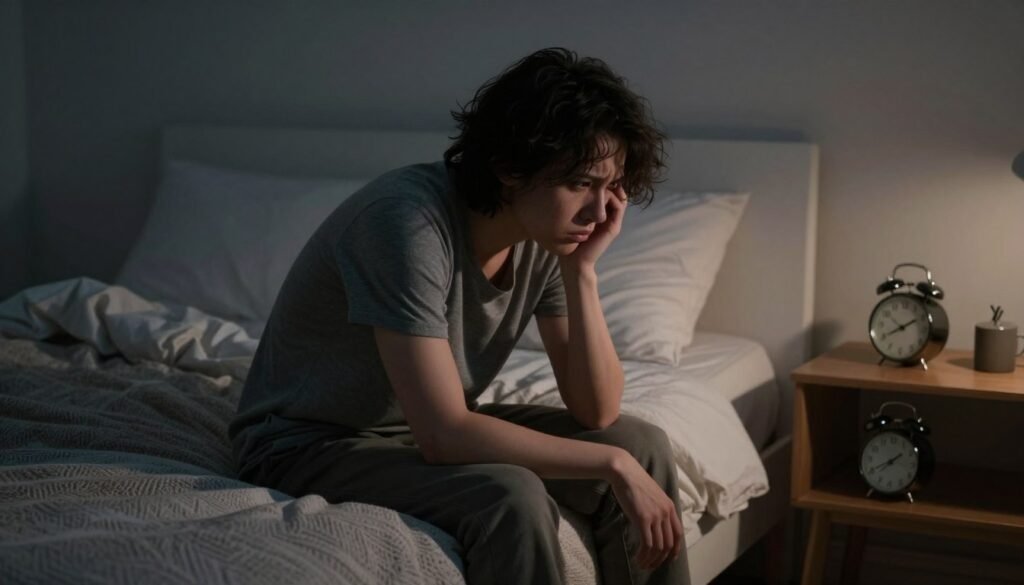 A person sitting on the edge of a neatly made bed in a dimly lit bedroom, their expression reflecting deep frustration and fatigue. The foreground features the individual dressed in modest casual clothing, with disheveled hair, glancing anxiously at an analog clock on the bedside table showing late hours. In the middle ground, the bed is adorned with cozy blankets, while the bedside table holds a dimly lit lamp, casting soft shadows. The background reveals an unmade pillow suggesting restlessness, with muted colors creating a somber atmosphere. The overall mood conveys the internal struggle of insomnia, emphasizing the contrast between the serene environment and the individual's turmoil. The lighting is soft but moody, enhancing the feeling of unease and introspection. A person sitting on the edge of a neatly made bed in a dimly lit bedroom, their expression reflecting deep frustration and fatigue. The foreground features the individual dressed in modest casual clothing, with disheveled hair, glancing anxiously at an analog clock on the bedside table showing late hours. In the middle ground, the bed is adorned with cozy blankets, while the bedside table holds a dimly lit lamp, casting soft shadows. The background reveals an unmade pillow suggesting restlessness, with muted colors creating a somber atmosphere. The overall mood conveys the internal struggle of insomnia, emphasizing the contrast between the serene environment and the individual's turmoil. The lighting is soft but moody, enhancing the feeling of unease and introspection.