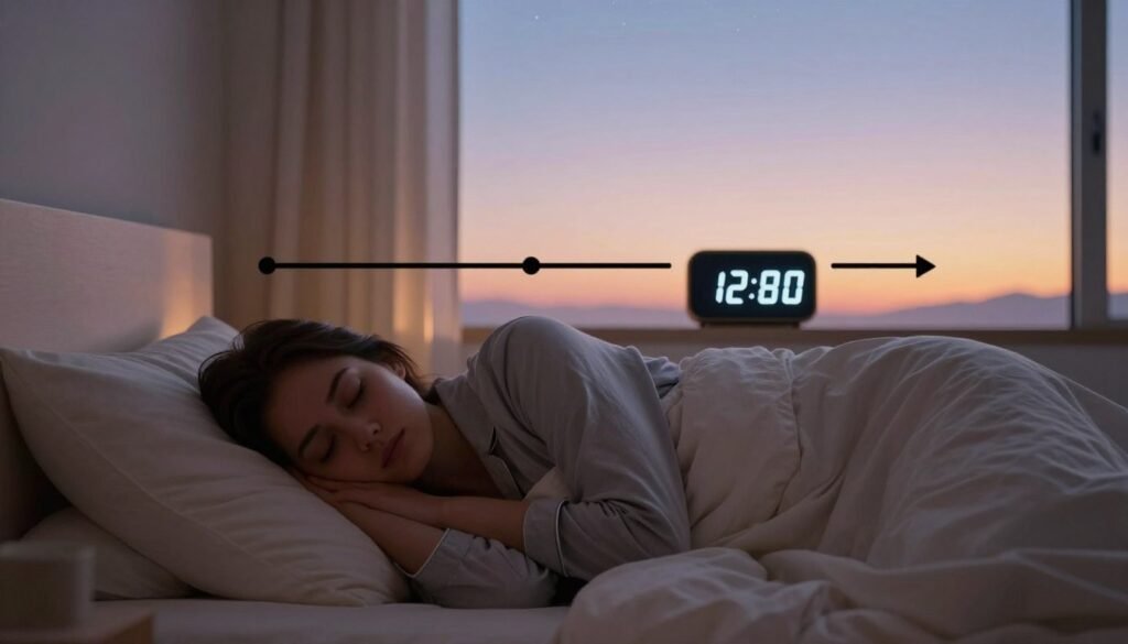 A serene and dreamy depiction of the sleep-wake cycle. In the foreground, a calm person in modest pajamas is peacefully sleeping in a cozy bedroom, surrounded by soft pillows and a gentle blanket. In the middle ground, a digital clock shows the transition from night to dawn, with warm light filtering through the curtains, symbolizing the awakening. In the background, a soft gradient sky changes from starry night to the soft pastel hues of morning. The atmosphere is tranquil, conveying a sense of relaxation and renewal. The lighting is gentle and warm, creating an inviting space, while the angle is slightly elevated to capture the essence of the cycle from sleep to wakefulness, emphasizing harmony and balance in nature.