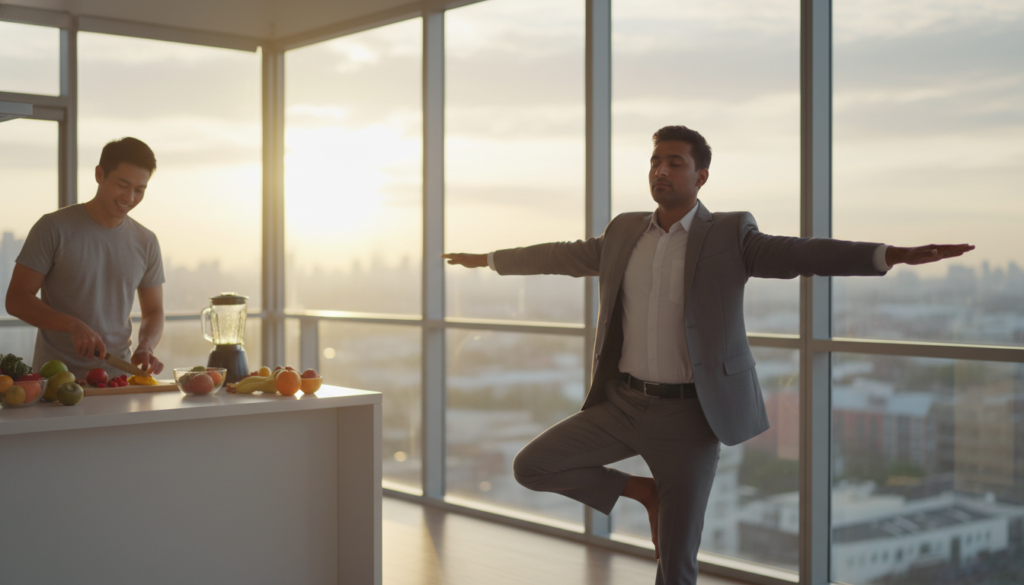 A serene morning scene showing a diverse group of men engaged in positive daily habits that enhance energy levels. In the foreground, a man in professional attire practices yoga on a balcony, with a city skyline in the background, symbolizing focus and balance. In the middle ground, another man prepares a healthy breakfast in a bright kitchen, surrounded by fresh fruits and vegetables, illustrating nutrition's role in energy. The background features a vibrant sunrise casting warm, golden light, creating an uplifting atmosphere. The composition should have a soft focus to emphasize tranquility, and the overall mood should evoke positivity and vitality, highlighting the impact of daily habits on energy levels. A serene morning scene showing a diverse group of men engaged in positive daily habits that enhance energy levels. In the foreground, a man in professional attire practices yoga on a balcony, with a city skyline in the background, symbolizing focus and balance. In the middle ground, another man prepares a healthy breakfast in a bright kitchen, surrounded by fresh fruits and vegetables, illustrating nutrition's role in energy. The background features a vibrant sunrise casting warm, golden light, creating an uplifting atmosphere. The composition should have a soft focus to emphasize tranquility, and the overall mood should evoke positivity and vitality, highlighting the impact of daily habits on energy levels.