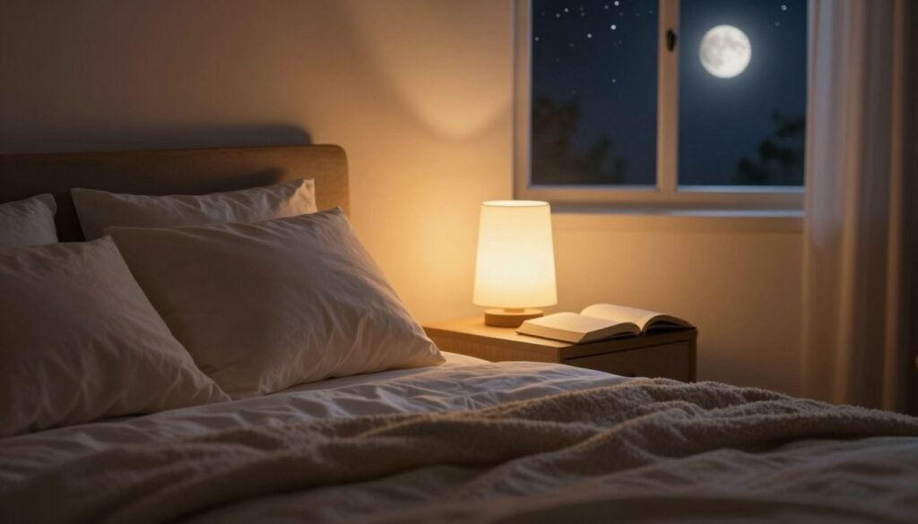 A serene night scene depicting the concept of sleep ("النوم"). In the foreground, a cozy bedroom setting with a neatly made bed, soft pillows, and a plush blanket, creating a sense of comfort. The middle ground features a softly glowing bedside lamp, casting warm, inviting light, illuminating a book left open on the nightstand. In the background, a window shows a starry night sky with a gentle moon illuminating the room, enhancing the calm atmosphere. The overall mood is tranquil and peaceful, evoking feelings of relaxation and rest. The lighting is warm and soothing, perfect for promoting the idea of sleep and its importance in combating insomnia. The composition should feel balanced and harmonious, drawing the viewer into this peaceful moment of rest. A serene night scene depicting the concept of sleep ("النوم"). In the foreground, a cozy bedroom setting with a neatly made bed, soft pillows, and a plush blanket, creating a sense of comfort. The middle ground features a softly glowing bedside lamp, casting warm, inviting light, illuminating a book left open on the nightstand. In the background, a window shows a starry night sky with a gentle moon illuminating the room, enhancing the calm atmosphere. The overall mood is tranquil and peaceful, evoking feelings of relaxation and rest. The lighting is warm and soothing, perfect for promoting the idea of sleep and its importance in combating insomnia. The composition should feel balanced and harmonious, drawing the viewer into this peaceful moment of rest.