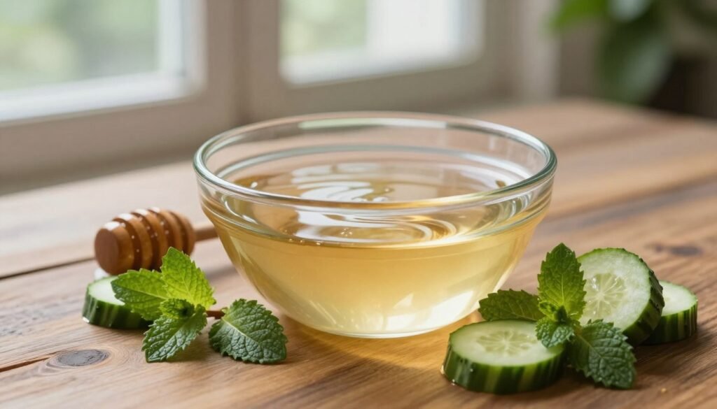 A serene, softly illuminated scene depicting a clear glass bowl filled with warm water, gently rippling in the light. In the foreground, fresh, vibrant natural ingredients such as honey, sliced cucumber, and mint leaves are artfully arranged around the bowl, symbolizing natural skincare. The middle ground includes a wooden table, subtly textured, enhancing the natural feel, while soft, diffused natural light filters in from a nearby window, creating a tranquil atmosphere. In the background, blurred greenery hints at a calming environment. The overall mood is peaceful and inviting, emphasizing wellness and beauty preparation, with warm tones that suggest comfort and soothing care for the skin.