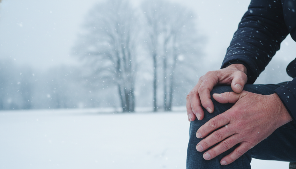 A serene winter landscape illustrating the impact of cold weather on joints. In the foreground, a close-up of a pair of gnarled hands cradling an aching knee, showcasing subtle signs of discomfort. The middle layer features a soft-focus image of a tranquil snowy environment, with gentle falling snowflakes accentuating the cold atmosphere. In the background, a muted, wintry scene with leafless trees and a faint, overcast sky reflects the somber mood of chilly conditions. The lighting is soft and diffused, creating a calm yet poignant atmosphere. Overall, the image should evoke a sense of empathy and understanding towards joint pain exacerbated by cold weather, inviting viewers to connect with the subject's plight.