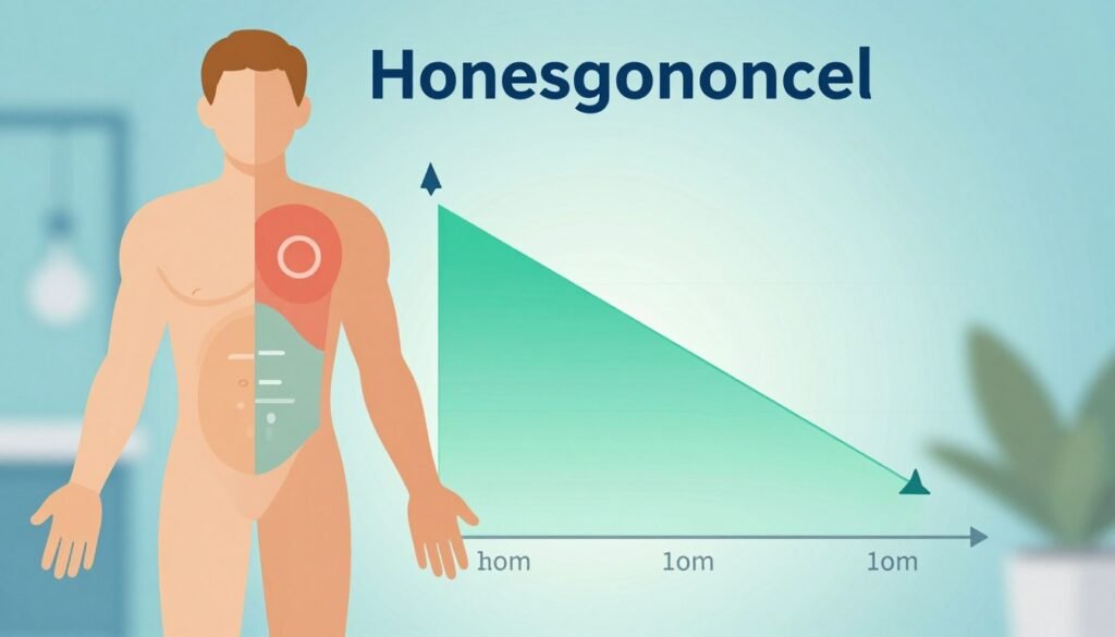 A thought-provoking infographic-style image depicting hormone levels, particularly testosterone. In the foreground, a large, stylized depiction of a human figure, representing health and vitality, is shown with highlighted areas indicating testosterone levels in various body parts. In the middle, a chart or graph illustrating testosterone levels over time, with arrows or indicators showing depletion. The background features a calming, soft-focus gradient of blues and greens, suggesting balance and health. The lighting is bright and clinical, evoking a sense of professionalism and trust. The atmosphere should feel informative and supportive, ideal for readers concerned about their hormone levels and overall well-being.