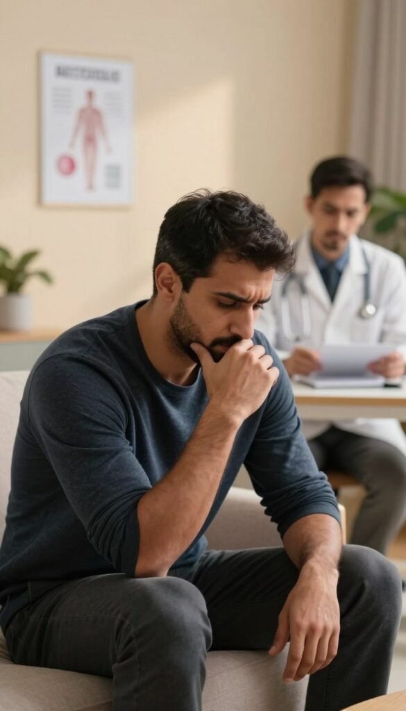A thoughtful medical scene illustrating the concept of erectile dysfunction in a respectful and educational manner. In the foreground, a male figure of Middle Eastern descent, dressed in smart casual clothing, appears contemplative and concerned while seated on a couch. In the middle ground, a softly lit doctor's office setting is revealed, with subtle medical charts and a comforting environment suggesting a safe space for discussion. The background features a calming, neutral-colored wall and a potted plant, enhancing the sense of tranquility. The lighting is warm and inviting, highlighting the figure without harsh shadows. The overall mood is serious yet hopeful, conveying the importance of seeking help for health issues, and emphasizing awareness and support for those experiencing symptoms of erectile dysfunction.