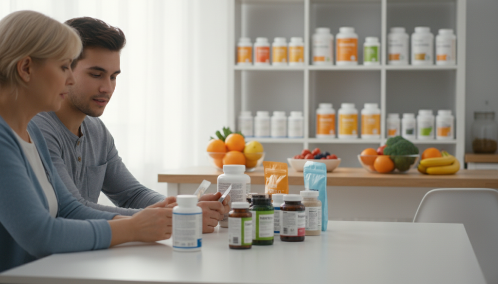 A vibrant and educational scene illustrating the role of dietary supplements in health. In the foreground, a diverse group of individuals, including a middle-aged woman and a young man, are engaged in discussing various supplements like vitamins, minerals, and protein powders, all displayed on a clean,-modern table. The middle ground features a well-organized shelf filled with colorful supplement bottles, each labeled clearly. In the background, a sunlit kitchen with fresh fruits and vegetables adds warmth, symbolizing a healthy lifestyle. Soft, natural lighting enhances the inviting atmosphere, while a slight depth of field focuses on the subjects. The overall mood conveys a sense of wellness, knowledge, and empowerment in making informed health choices.
