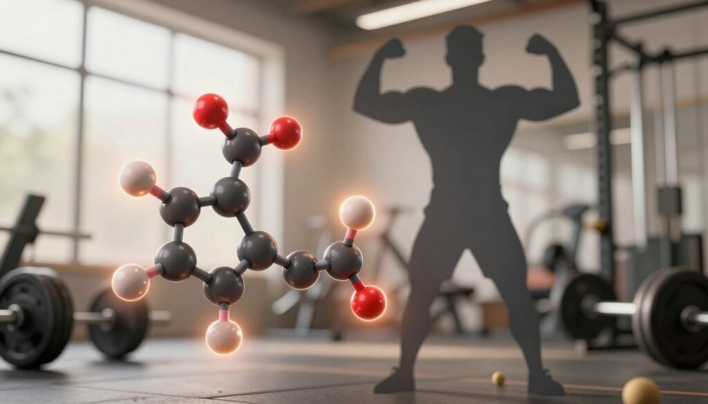 A visually striking illustration of testosterone, symbolized as a vibrant molecular structure. In the foreground, a 3D representation of the testosterone molecule with dynamic, glowing connections between atoms, emphasizing its importance in men's health. In the middle ground, an abstract depiction of a healthy, energetic male silhouette engaged in physical activity, embodying vitality and strength. The background features a soft focus of a gym setting, with weights and fitness equipment, symbolizing the connection between exercise and testosterone levels. The lighting is bright and energizing, highlighting the molecular structure and the silhouette with a warm, inviting atmosphere. This composition aims to convey a sense of health, well-being, and the fundamental role of testosterone in daily life.