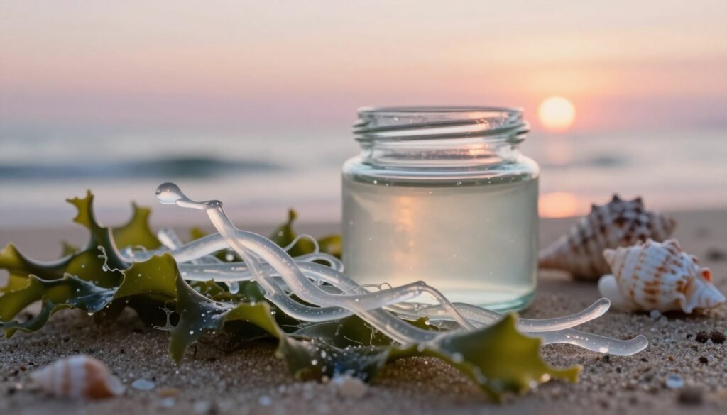 An elegant composition showcasing marine collagen as the focal subject. In the foreground, delicate strands of translucent marine collagen, intertwined with pieces of fresh seaweed, glisten under soft, natural light, highlighting their texture. The middle ground features a serene setting with a glass jar filled with liquid collagen, surrounded by seashells and subtle hints of ocean waves. In the background, a dreamy seascape under a pastel sunset, casting warm, tranquil hues that evoke a sense of calm and rejuvenation. The mood should be serene and natural, suggesting the healing and restorative properties of marine collagen for skin, hair, nails, and joints. Use a soft focus lens with a shallow depth of field to create an intimate atmosphere, emphasizing the beauty and purity of the marine resources.