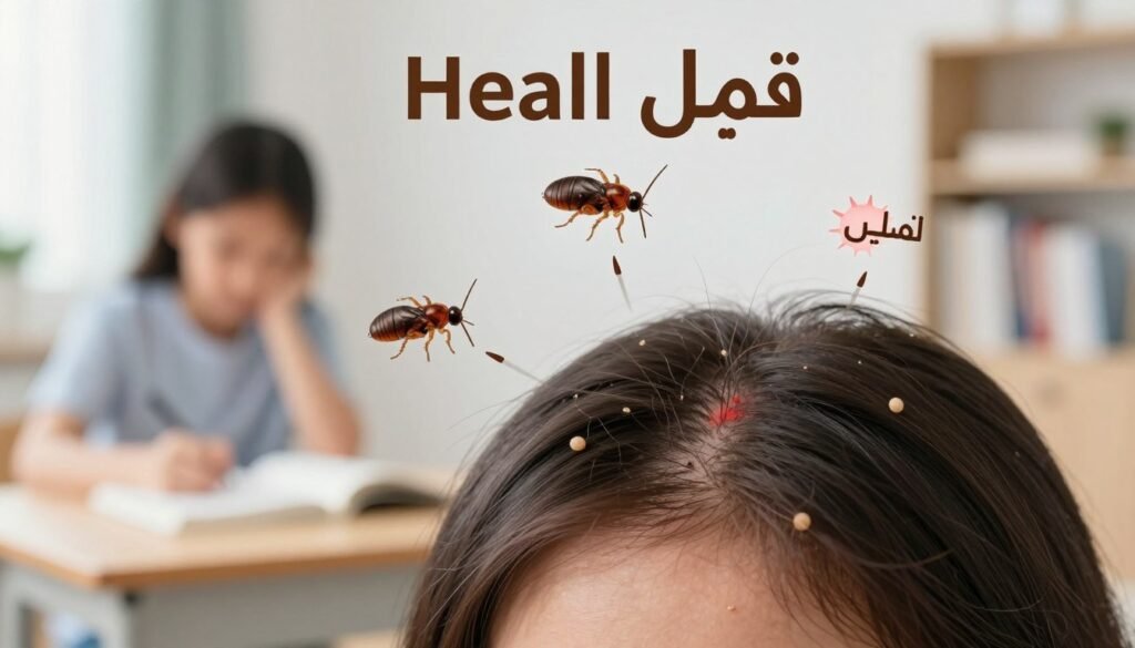An illustrated educational infographic depicting head lice (قمل الرأس) and their symptoms. In the foreground, a close-up view of a person's scalp showing the crawling lice and eggs (nits) nestled in hair strands. The middle ground features visual indications of symptoms like itching, red spots, and irritation around the scalp. The background is a soft, blurred study environment, representing a safe and clean space for learning. The lighting is bright and clinical, creating an informative atmosphere. The overall mood is serious yet educational, aiming to raise awareness about the head lice problem while maintaining a professional tone. The image contains no text or overlays, ensuring clarity and focus on the subject matter.