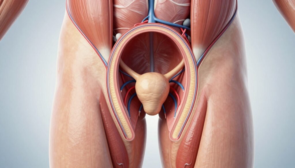 Anatomical illustration focusing on the human anal area, highlighting the rectum and surrounding tissues in a detailed, educational manner. The foreground features a cross-sectional view, emphasizing the layers of skin, muscle, and blood vessels, using distinct color gradients to differentiate each layer. The middle ground shows the anatomy of the anal canal and surrounding structures with clarity for educational purposes. The background is a soft gradient that maintains a clinical atmosphere without distractions. Soft, focused lighting enhances visibility of details and textures. The overall mood is informative and professional, suitable for a medical article.